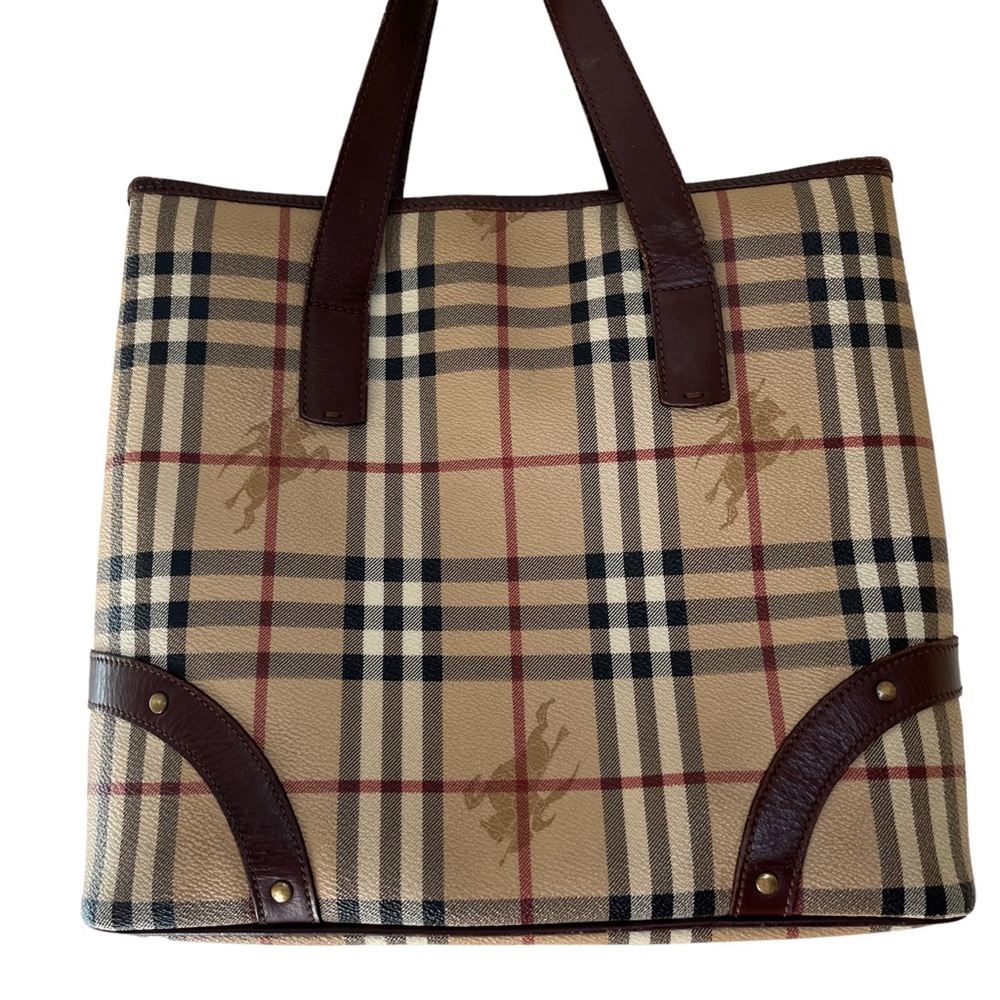 NWOT. Burberry open Haymarket coated canvas w stud leather tote bag. Authentic